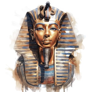 May include: Watercolor illustration of a pharaoh's bust, featuring a gold and blue striped headdress and collar. The pharaoh's face is rendered in shades of gold and brown, with blue eyeliner and a serene expression. A cobra adorns the headdress.