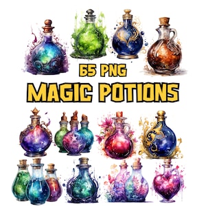 Watercolor Magic Potions Clipart | Painted Colorful Magic Potion Illustrations | 65 PNG Graphics | Instant Download for Commercial Use