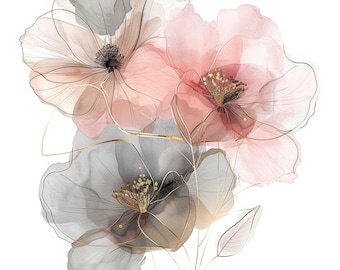 10 Clipart di fiori astratti rosa e grigi JPG, Clipart acquerello stampabile, Download digitale, Carta artigianale, diari, Planner digitali
