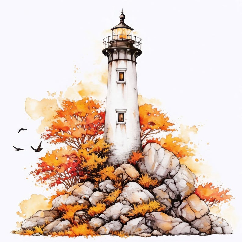 14 Autumn Lighthouse Clipart Bundle , Printable Watercolor Fall Tower ...