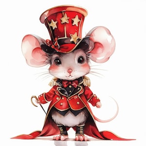 May include: A charming watercolor illustration of a mouse dressed in a red circus ringmaster outfit. The mouse wears a tall red top hat with gold stars, a red coat with gold accents, and holds a small cane. The mouse has large ears and a long tail.