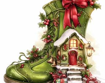 Pacote com 13 imagens de botas de Natal, ilustrações de fantasia, imagens em aquarela para imprimir, JPG de alta qualidade, artesanato em papel, diários de arte.