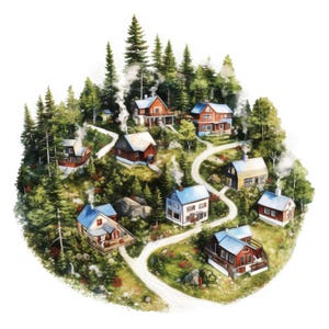 Puede incluir: Ilustraci&oacute;n en acuarela de un pueblo enclavado en un exuberante bosque verde. Varias casas con tejados rojos, azules y amarillos est&aacute;n dispersas por una peque&ntilde;a colina, conectadas por sinuosos caminos blancos. Humo sale de las chimeneas.