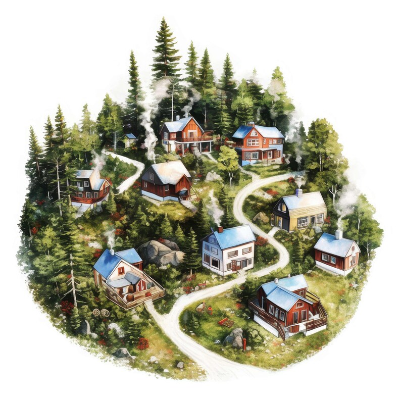 Puede incluir: Ilustraci&oacute;n en acuarela de un pueblo enclavado en un exuberante bosque verde. Varias casas con tejados rojos, azules y amarillos est&aacute;n dispersas por una peque&ntilde;a colina, conectadas por sinuosos caminos blancos. Humo sale de las chimeneas.