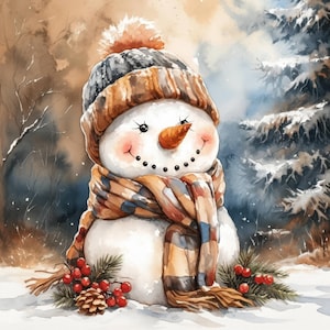 12 Retro Snowman Clipart Bundle, Vintage Winter Illustrations, Printable Watercolor Clipart, High Quality JPG, Paper craft, Junk Journals