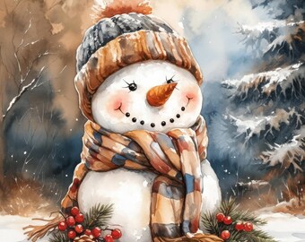 Può includere: Un dipinto ad acquerello di un pupazzo di neve che indossa un cappello e una sciarpa di lana marroni e blu. Il pupazzo di neve sorride e ha un naso di carota. Lo sfondo è una scena di bosco innevato.