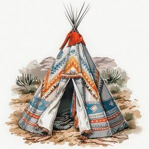 May include: Watercolor illustration of a Native American teepee. The teepee is gray with colorful geometric patterns in orange, blue, and white. A red cloth is tied at the top, and the teepee is set against a desert landscape.