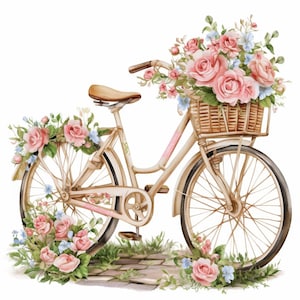 17 fiets met bloemen clipartbundel, afdrukbare aquarel clipart illustratie hoge kwaliteit jpg digitale download papier ambachtelijke kaarten maken