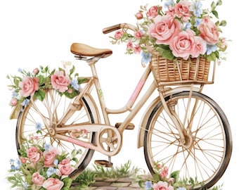17 Bicycle with Flowers Clipart Bundle, Printable Watercolor clipart Illustration High Quality JPG Digital download Paper craft Card Making