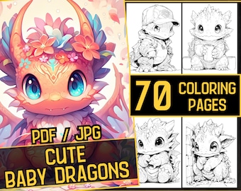 Cute Baby Dragons 70 Coloring Page Book, Adults kids Instant Download, Grayscale Coloring Pages, Printable PDF JPG, baby coloring, dragon