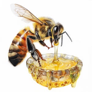 Puede incluir: Ilustración en acuarela de una abeja con rayas marrones y amarillas, alas extendidas, posada sobre un pequeño cuenco de miel. La miel gotea por los lados del cuenco, creando un efecto realista.
