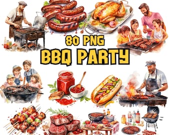 Watercolor BBQ Party Clipart | BBQ Grill, Barbecue Images, American Culture, Hot Dog Illustrations | Instant Download for Commercial Use