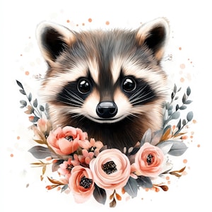 Bundle de 16 cliparts floral raton laveur, Illustration imprimable de portrait d'animal aquarelle, JPG de haute qualité, téléchargement numérique, créations en papier, journal