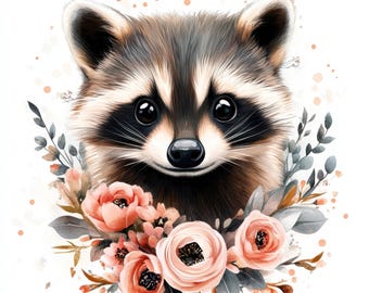 Paquete de 16 imágenes prediseñadas de mapaches florales, ilustración de retrato animal en acuarela imprimible, JPG de alta calidad, descarga digital, manualidades de papel, diario