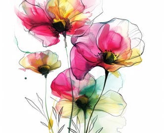 ピンクの花のオリジナル水彩画、花束の絵画、花の花束のアートワーク