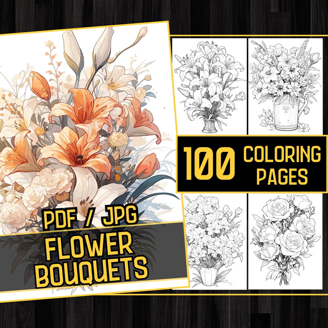 Flower Bouquets 100 Coloring Page Book, Adults Kids Instant Download ...
