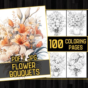 Flower Bouquets 100 Coloring Page Book, Adults kids Instant Download, Grayscale Floral Bouquet Festival Book Page, Printable PDF and JPG