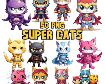 Aquarell Superhelden Katzen Clipart | Fliegende Katze, Katze in Heldenmaske, süsse, entzückende Katzenillustrationen | Sofort Download für kommerzielle Nutzung
