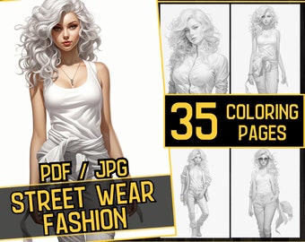 Street Wear Fashion Girls 35 Coloring Page Book, for Adults and kids, Grayscale Coloring Pages, Printable PDF, fashion coloring book