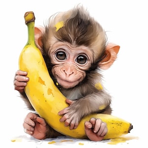11 Affe mit Banane, süße Affen Grafiken, druckbare Aquarell Cliparts, hochwertige JPGs, digitaler Download, kommerzielle Nutzung