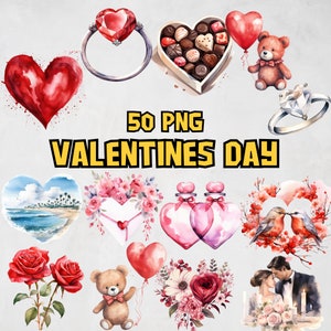 Watercolor Valentine&#39;s Day Clipart Bundle | Red Roses Clipart Images, Love Notes PNG Graphics, Romantic Couple Illustrations, Commercial Use