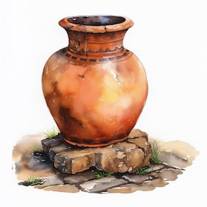 Puede incluir: Ilustración en acuarela de un jarrón de color terracota con un borde ancho y agrietado. El jarrón tiene un cuerpo redondeado y se asienta sobre una estructura de piedra con hierba. La obra de arte tiene una estética rústica y antigua.