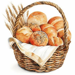 Op de afbeelding: Waterverfillustratie van een rieten mand gevuld met diverse broodjes. De broodjes zijn goudbruin, sommige bestrooid met zaden. Een witte doek bekleedt de mand en tarwearen zijn aan de zijkant geplaatst.