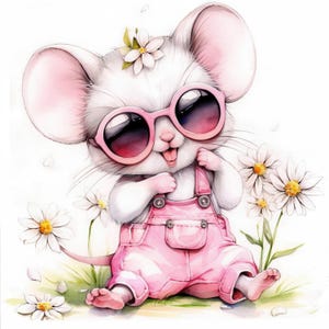 16 Cute Mouse with Flowers Clipart Illustration Bundle, Printable Watercolor Kawaii Animal Graphics, High Quality JPG, Craft, Commercial Use