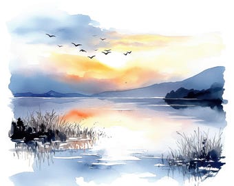 10 Sunset Over Lake Clipart, Wildflower Clipart Artwork, Printable Watercolor Clipart, Instant Digital Download, Scrapbooking, Junk Journals
