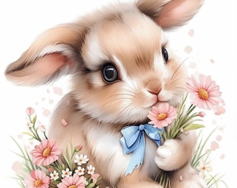 10 Fluffy Rabbit with Flowers Clipart Bundle, Bunny Illustration, Printable Watercolor cliparts, High Quality JPG, Paper craft, Junk Journal