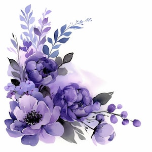 Lot de 13 cliparts guirlande florale violette, illustrations de fleurs, clipart aquarelle imprimable, JPG haute qualité, créations en papier, journaux indésirables