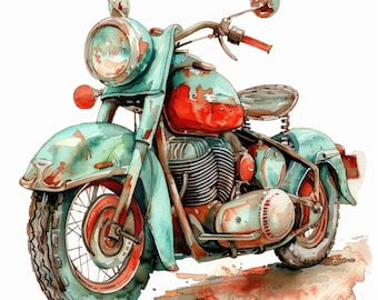 13 Cartoon Motorcycle Clipart Bundle, Motorbike Illustrations, Printable Watercolor Clipart, High Quality JPG, Paper craft, Junk Journals