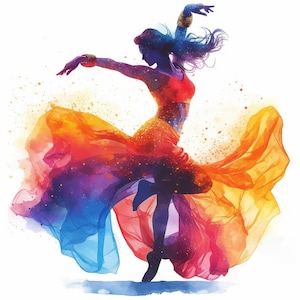 Pode incluir: Ilustração em aquarela de uma dançarina em movimento. A figura é silhuetada em azul, usando um top vermelho e uma saia fluida que transita do laranja para o roxo e azul. Pulseiras douradas e um fundo branco completam a imagem.