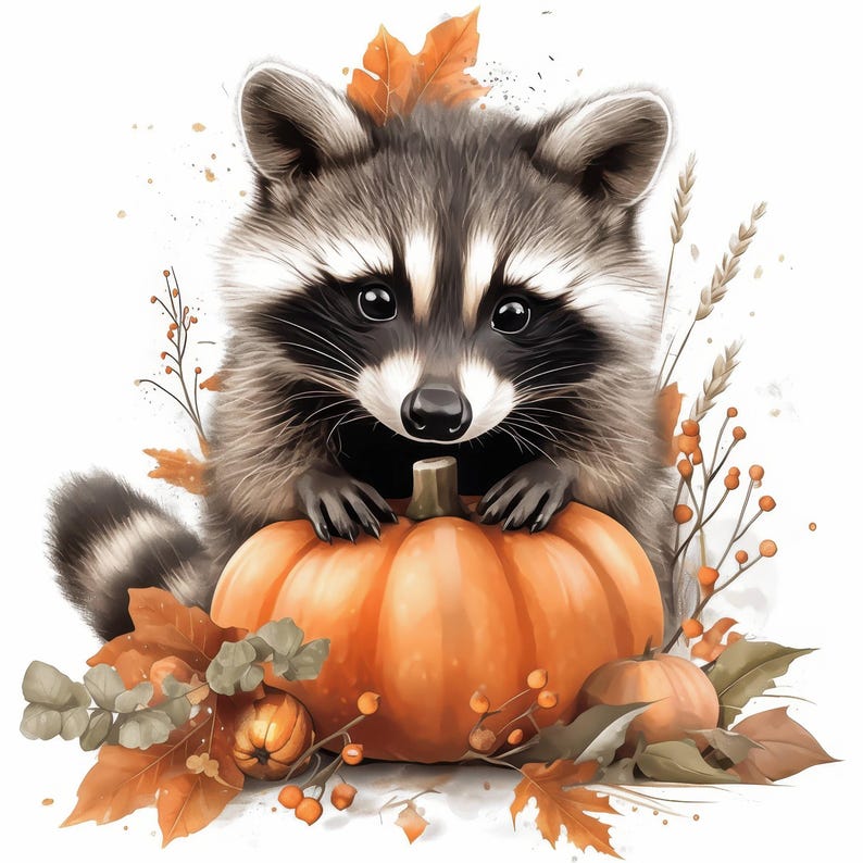12 Cute Fall Raccoons Clipart Bundle, Autumn Raccoon Illustrations ...
