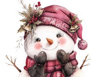 12 Cheerful Snowman Clipart Bundle, Snowy Winter Illustrations, Printable Watercolor Clipart, High Quality JPG, Paper craft, Junk Journal