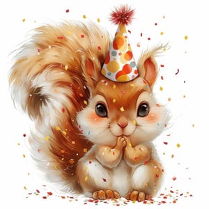 16 eekhoorn feestmuts clipartbundel, verjaardagsfeestje illustratie, afdrukbare aquarel clipart, hoge kwaliteit JPG, Paper Craft, Junk Journal