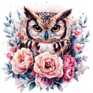 Lot de 14 cliparts floral hibou, illustrations imprimables de portraits d'animaux à l'aquarelle, fichiers JPG de haute qualité, téléchargement numérique, créations en papier, journaux intimes