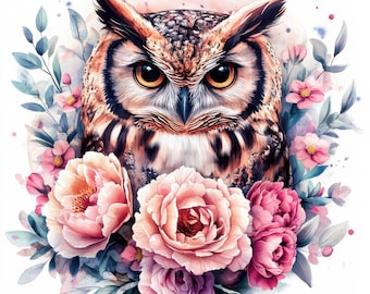 Lot de 14 cliparts hibou floral, illustrations imprimables de portraits d'animaux à l'aquarelle, fichiers JPG de haute qualité, téléchargement numérique, créations en papier, journaux intimes