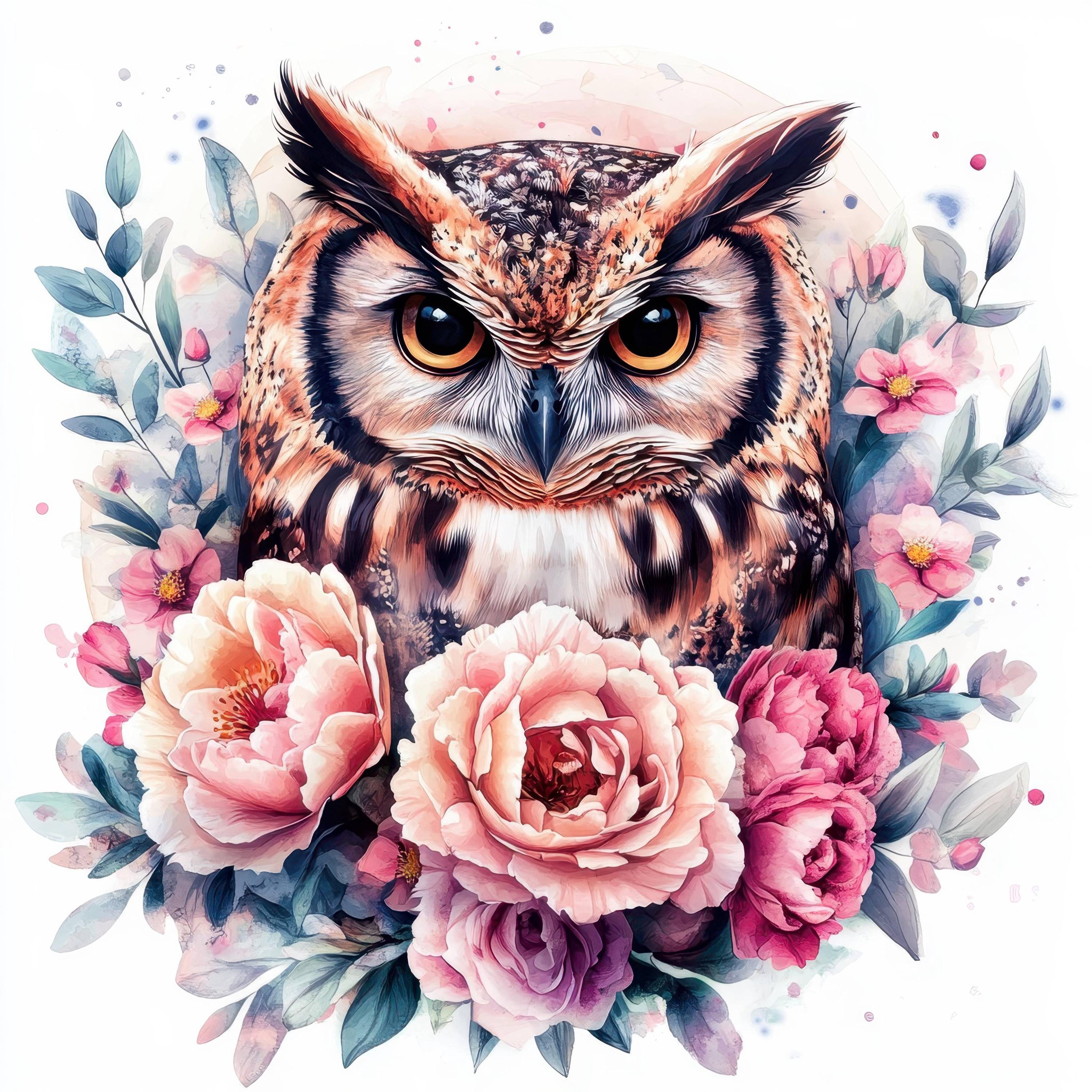 14 Floral Owl Clipart Bundle, Printable Watercolor Animal Portrait Illustrations, High Quality JPGs,