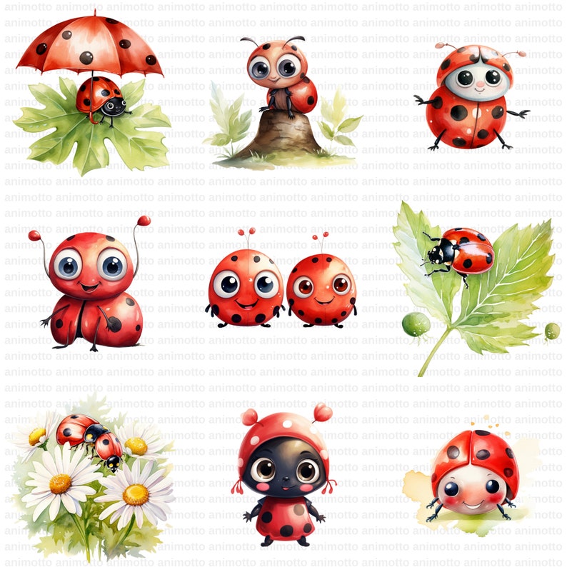 Watercolor Cute Ladybugs Clipart Bundle, Adorable Ladybug PNG Graphics, Ladybug Illustrations, Instant Download for Commercial Use