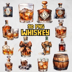 Whisky glazen fles clipart-bundel, bourbon-illustraties, cocktail aquarelafbeeldingen, alcohol PNG, whisky en ijs, commercieel gebruik