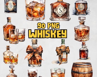 Whiskey Glass Bottle Clipart Bundle, Bourbon Clip Art, Cocktail Watercolor Images, Alcohol PNG, Whiskey and Ice, Commercial Use