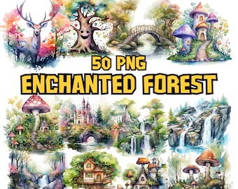 Paquete de imágenes prediseñadas de bosques encantados en acuarela, gráficos PNG de jardines de hadas y árboles, ilustraciones de bosques de fantasía mágica, uso comercial