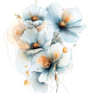 12 Clipart di fiori astratti, stampa di fiori blu oro, acquerello stampabile, JPG di alta qualità, artigianato di carta, diari spazzatura, uso commerciale