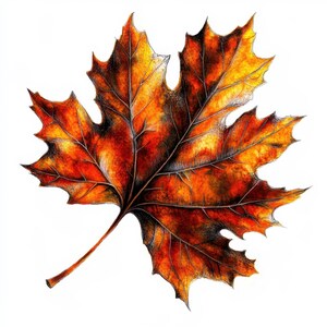 May include: A detailed illustration of a fall leaf, showcasing a vibrant blend of colors. The leaf transitions from deep reds and browns to bright oranges and yellows, with intricate vein details. The leaf is set against a clean white background.