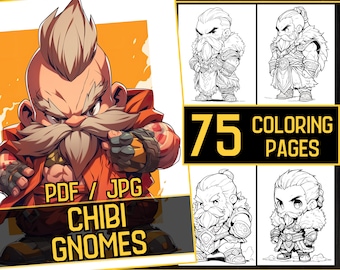 Könnte beinhalten: Ein digitaler Download von 75 Malvorlagen mit niedlichen Chibi-Gnom. Das Titelbild zeigt einen rothaarigen Gnom mit großem Bart und einem rot-orangenen Outfit. Der Text "PDF / JPG CHIBI GNOMES" befindet sich am unteren Rand des Bildes.