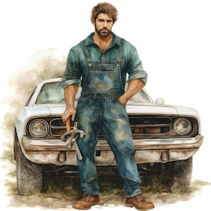 Puede incluir: Ilustración de un hombre con overoles de mezclilla, sosteniendo herramientas, de pie frente a un coche clásico blanco. El hombre tiene cabello castaño y barba. El coche tiene un parachoques cromado y faros redondos. La imagen es de estilo acuarela.