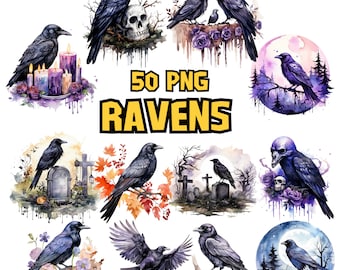 Watercolor Ravens Clipart Bundle, Black Bird, Gothic Animal, Dark and Mystic Element, Raven Illustrations, Raven PNG Graphics Commercial Use