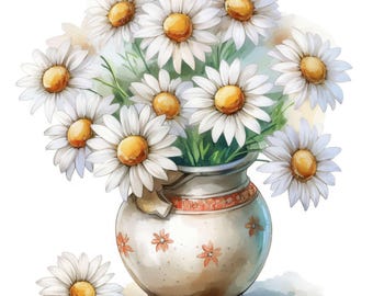 14 Daisies In Glass Vase Clipart, Vintage Clipart Set, Printable Watercolor Clipart, Instant Digital Download, Scrapbooking, Junk Journals