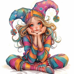 Cute Quirky Jester Girl Clip Art 16 Alta resolução aquarela JPG Junk Journaling, Scrapbooking, criação de cartões, download digital, artesanato em papel